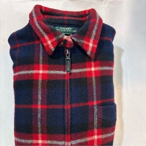 Ralph Lauren Navy and Red Checkered 100% Wool L Utility Zip Shirt Jacket Preppy